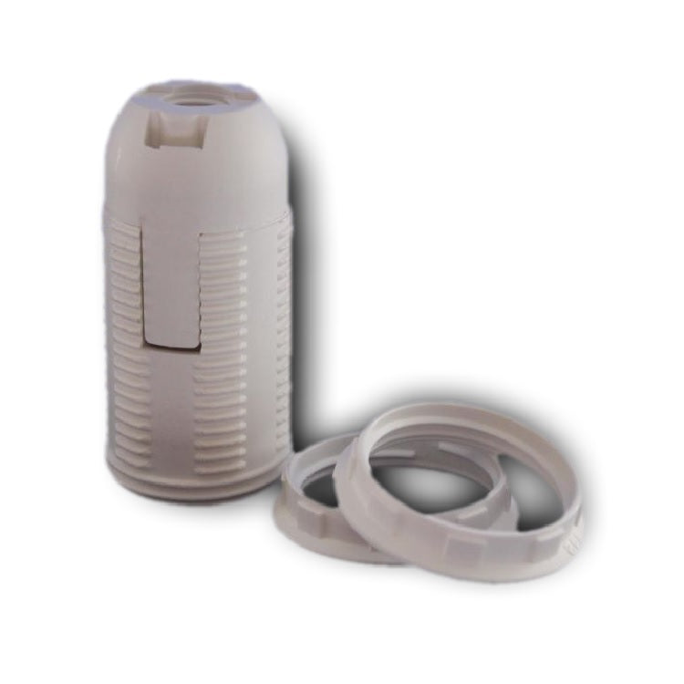 White ABS SES E14 Snap On Threaded Lampholder & 2 Thin Shade Rings