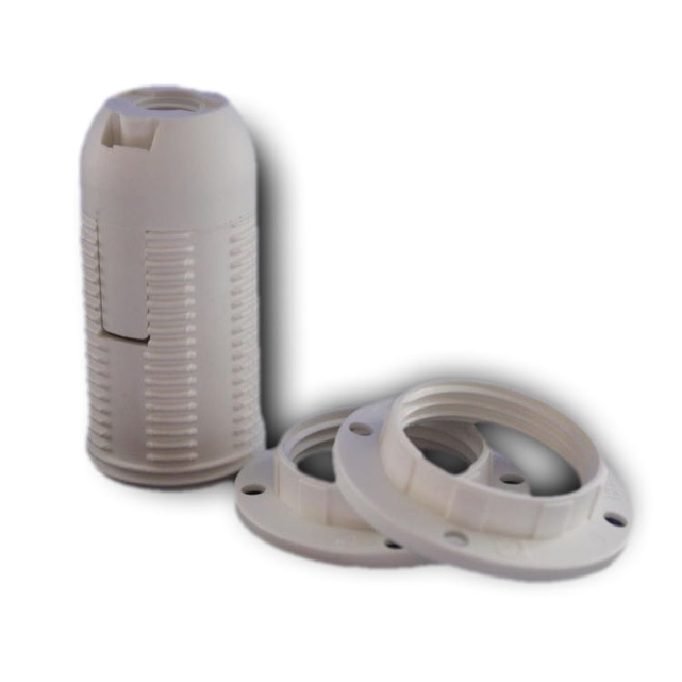 White ABS SES E14 Snap On Threaded Lampholder & 2 Wide Shade Rings